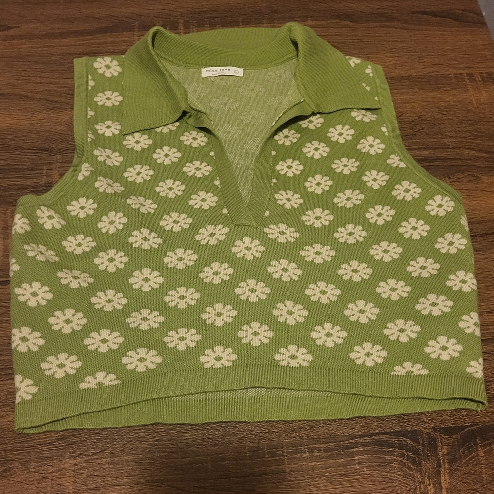 Funky Green Floral Knit Crop Top - M
